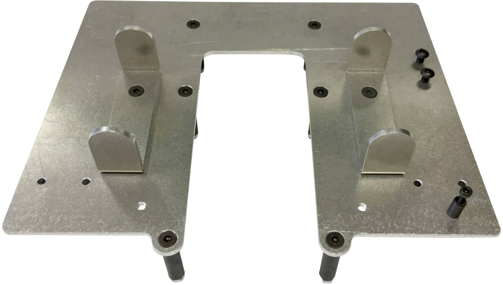 Metal frame with multiple fixing points and two upright supports, likely part of a mechanical device.