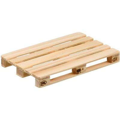 Wooden pallet with four top boards and three crossbeams, commonly used for transporting goods.