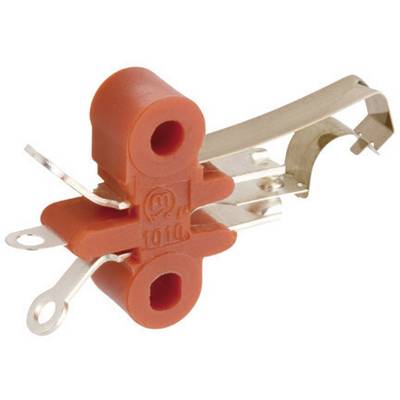 A red plastic connector with metal clips, suitable for electrical connections. Contains two holes for mounting.