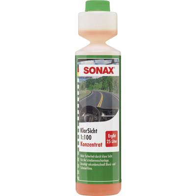 Bottle of Sonax ClearView 1:100 Concentrate. Image of a road on the label. Text emphasises clear visibility and safety while driving.