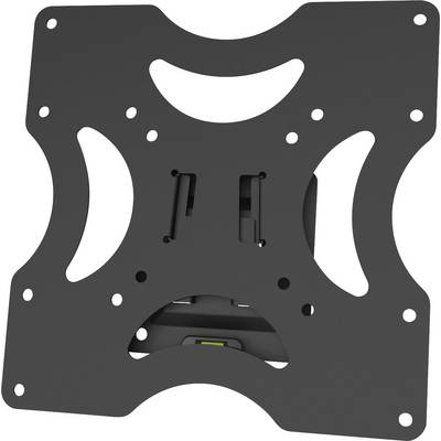 A black TV wall mount with multiple screw holes and recesses designed for securing a flat screen.
