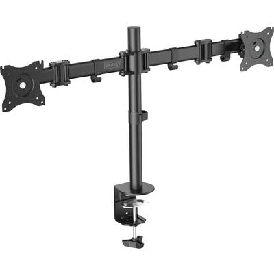 Double monitor stand made of black metal with two adjustable arms and a desk clamp for mounting on a desk.