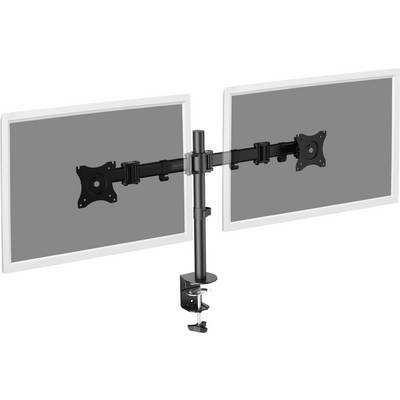 Metal dual monitor mount, showing two attached screens. The bracket is fixed to a vertical stand.