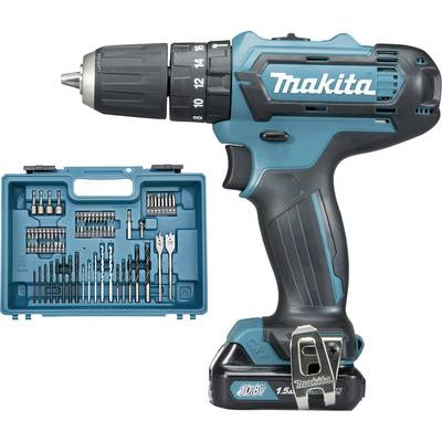 Blue cordless drill with drill and bit set in an open cardboard box.