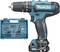 Blue cordless drill with drill and bit set in an open cardboard box.