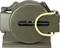 An olive green, compact military compass with a viewing aperture and a golden metal frame for stabilisation.