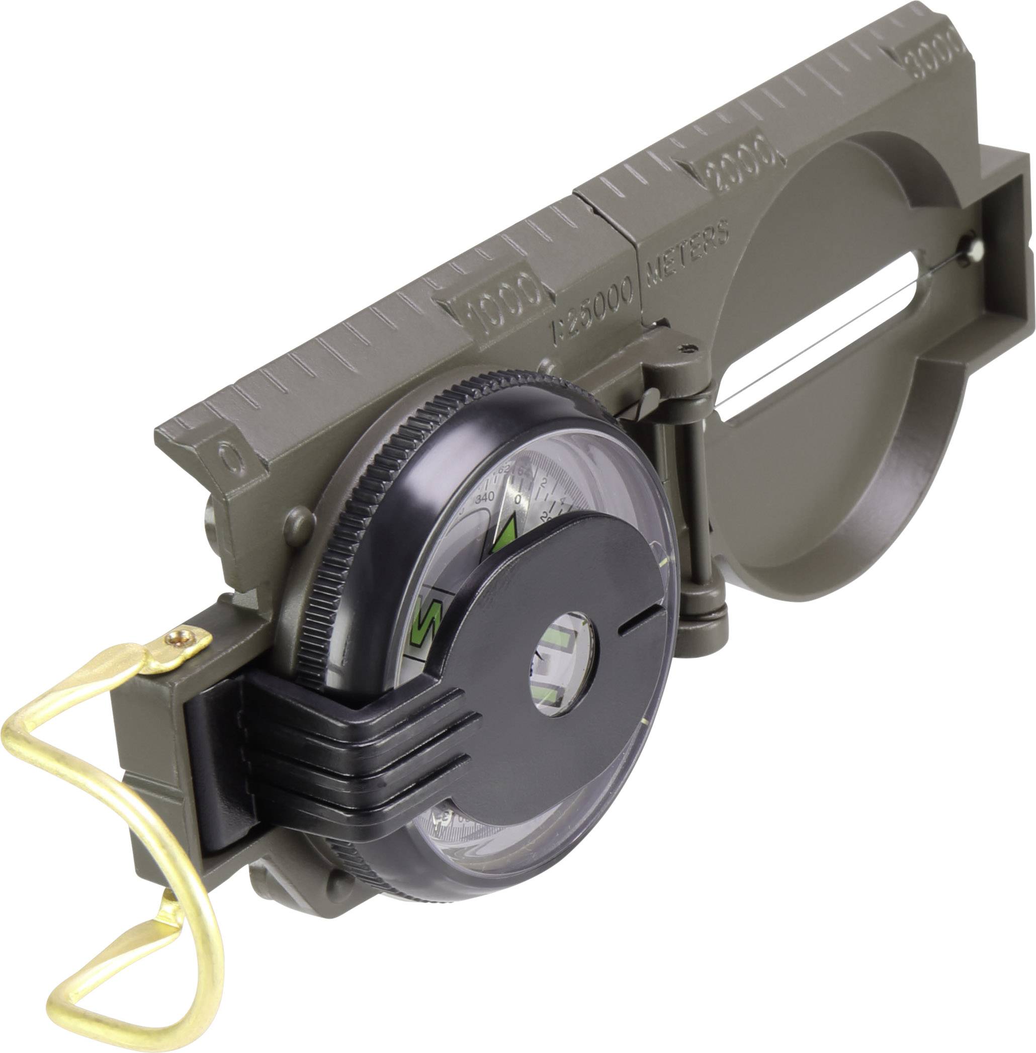 Olive green military-style compass with a hinged protective cover and measurement scale, placed on a surface.