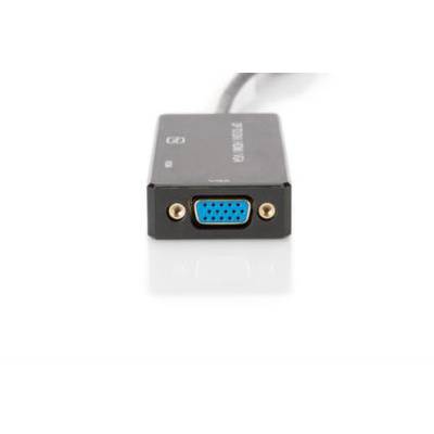 Black VGA adapter with a blue connector lies on a white surface. The adapter has two screw holes on the sides.