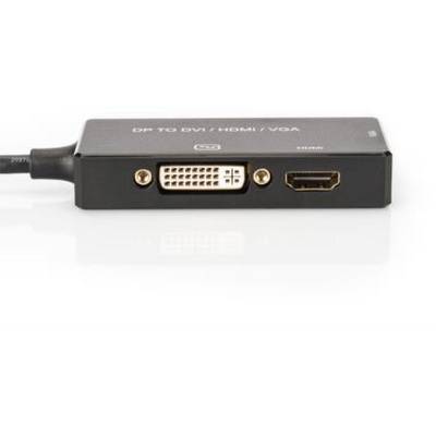 A multi-port adapter with connections: DVI, HDMI and VGA, marked with 'DP TO DVI/HDMI/VGA'.