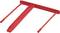 A red plastic lever arch file mechanism with three prongs, used for securing hole-punched documents in ring binders.