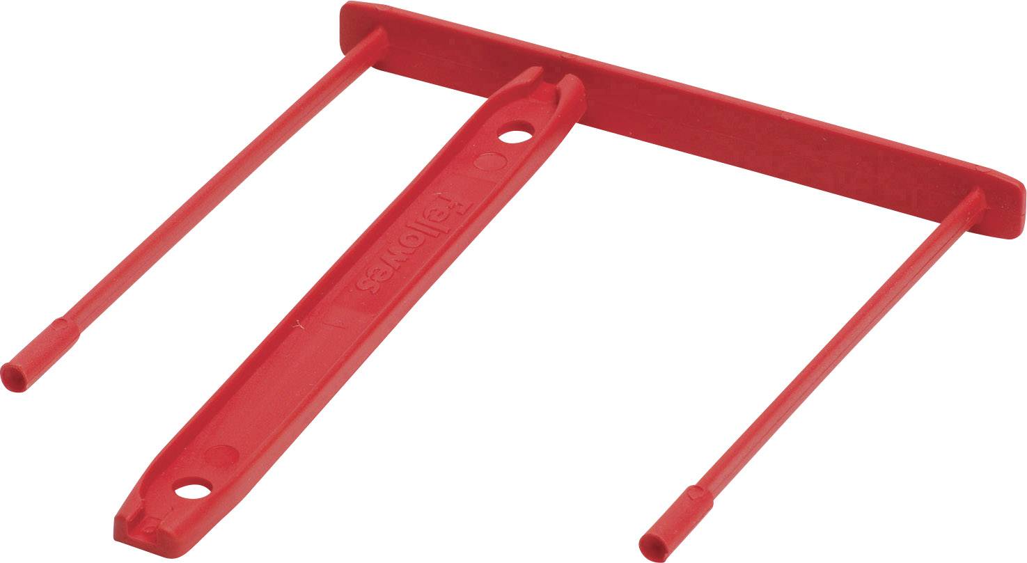 Red plastic file fastener device with two intersecting rods and a mounting strip.