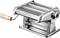 Manual metal pasta machine with wooden handle, suitable for rolling and cutting dough for homemade pasta.