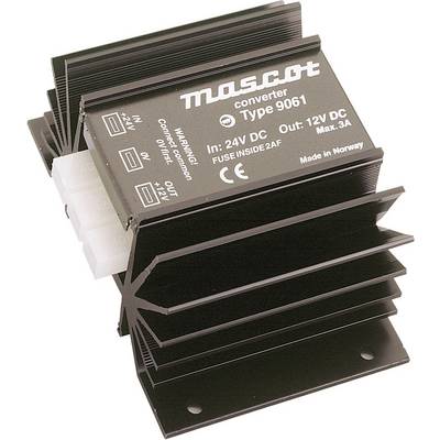 'Black voltage converter Type 9061 by Mascot, Input: 24V DC, Output: 12V DC, max. 3A. Note: Fuse inside. Manufactured in Norway.'
