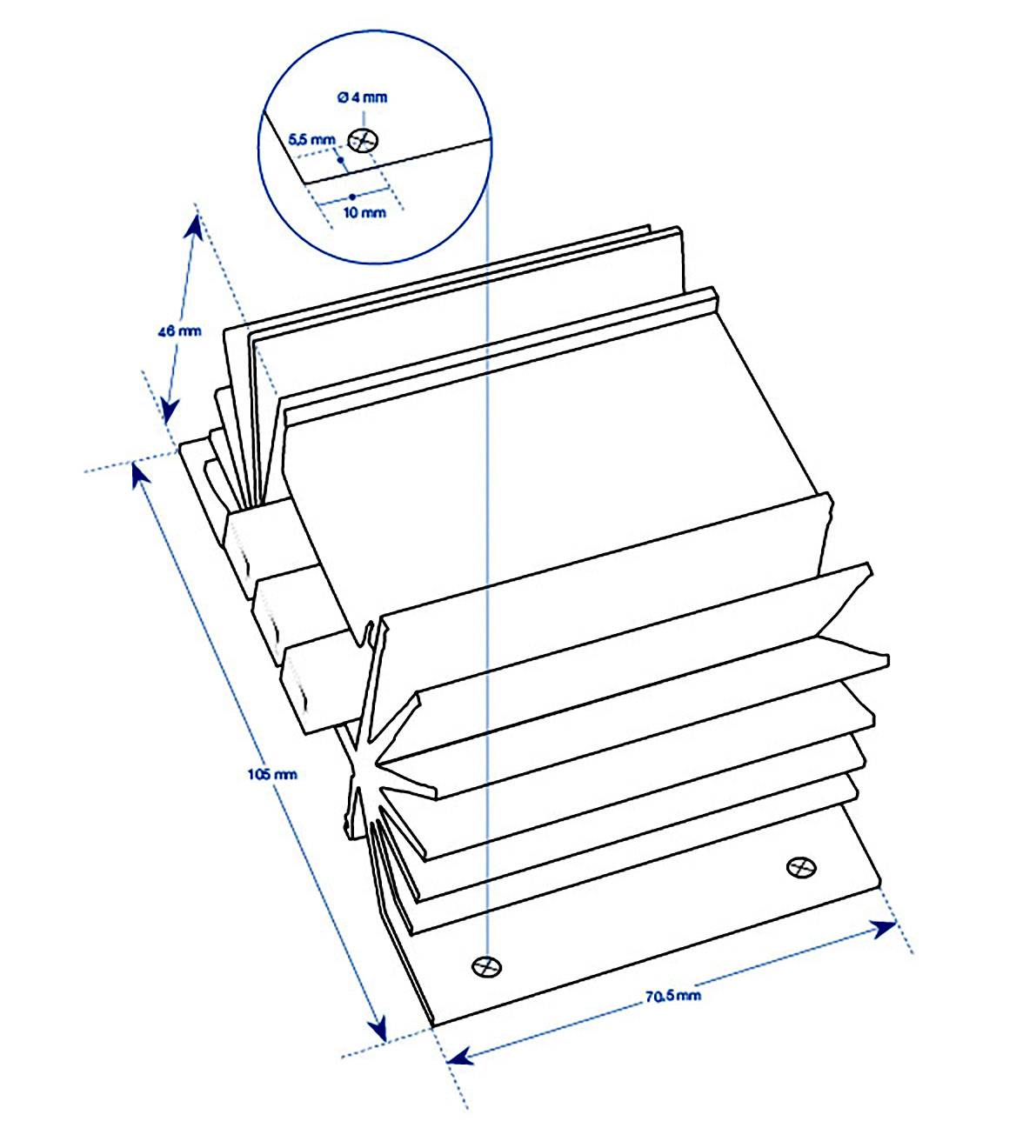 Technical drawing of a heatsink with dimensions: Height 105 mm, Width 70.5 mm, Material thickness 4 mm.