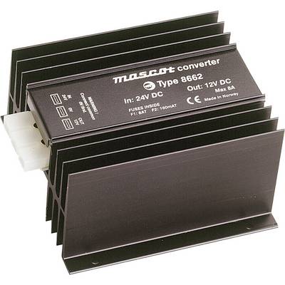 A black voltage converter by Mascot, model 8662. Input: 24V DC, Output: 12V DC, max. 5A, with heat sinks. Made in Norway.