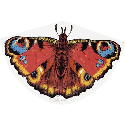 A colourful butterfly kite with red, blue, and yellow patterns on its wings is spread out against a white background.