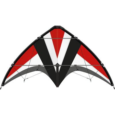 'Kites with black, red and white patterning, symmetrical design, taut lines ready for flight, against a white background.'