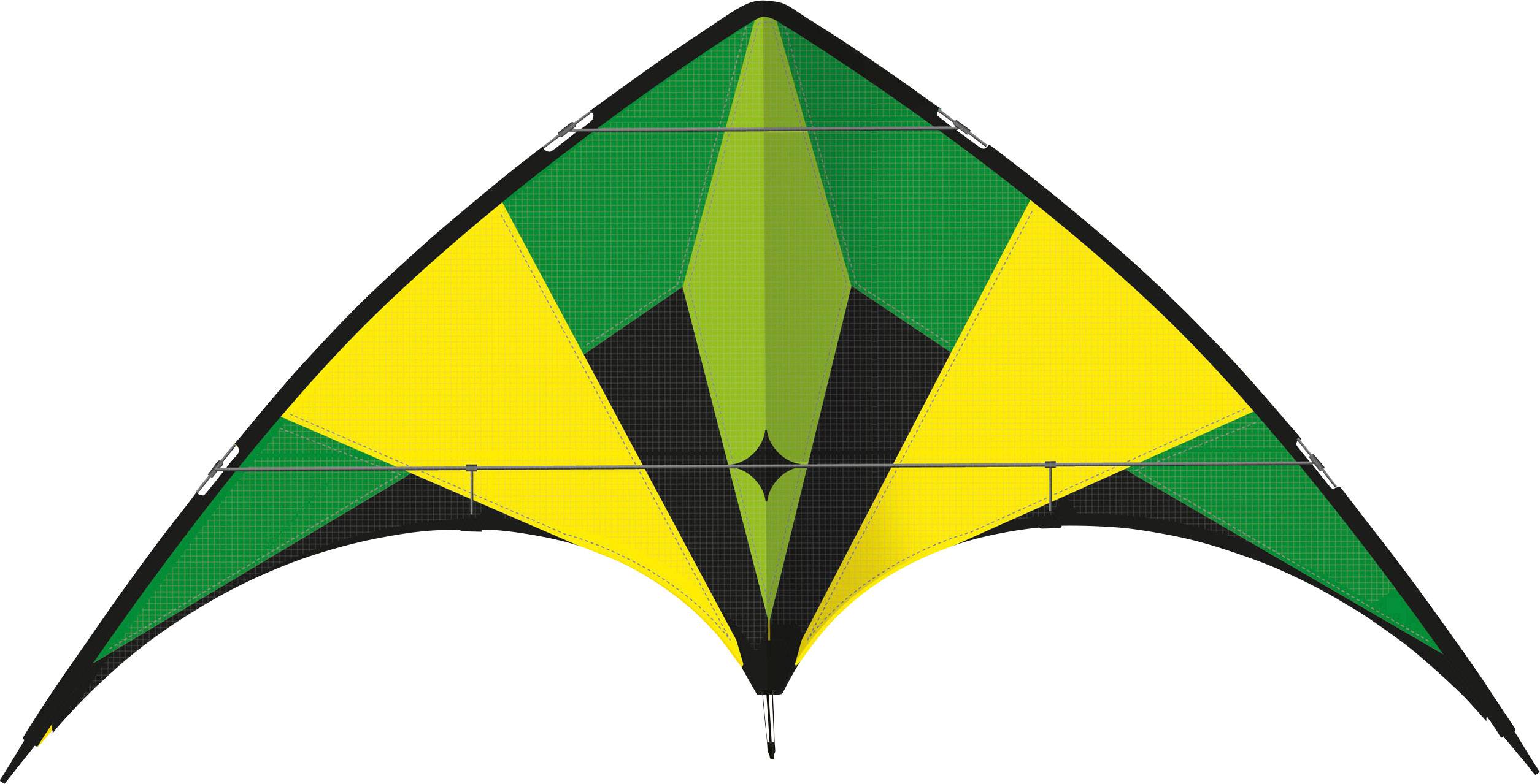 A colourful stunt kite with green, yellow and black triangles, symmetrical design. Perfect for flying in light to moderate wind.