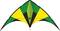 A colourful stunt kite with green, yellow and black triangles, symmetrical design. Perfect for flying in light to moderate wind.