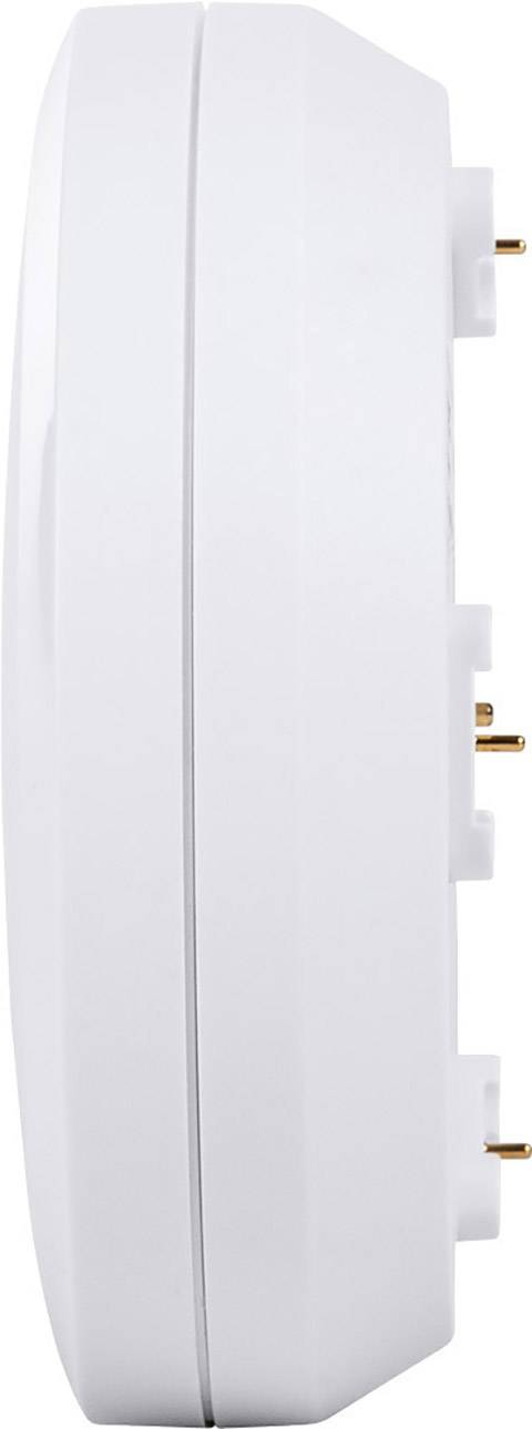 A side view of a round, white smoke detector with three visible side mounting pins.