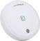 Round, white smoke detector with a blue button in the centre. 'homematic IP' is written at the top.