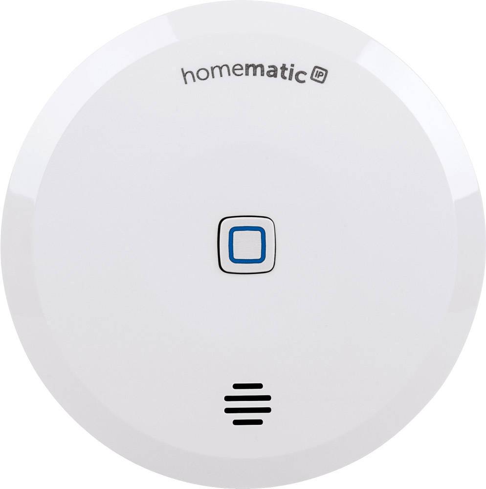 A round, white smoke detector with a central button and ventilation slots underneath, with 'homematic IP' written on it.