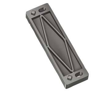 Grey rectangular metal block with a geometric pattern in the centre and rounded corners. Oval recesses are located at the top and bottom.