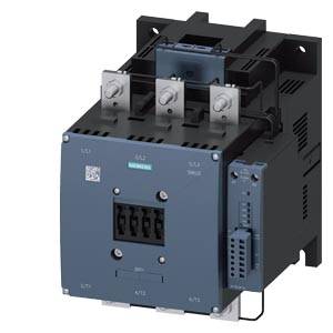 An electrical power switch with three connection terminals and side-mounted control elements, used in industrial switchgear installations.