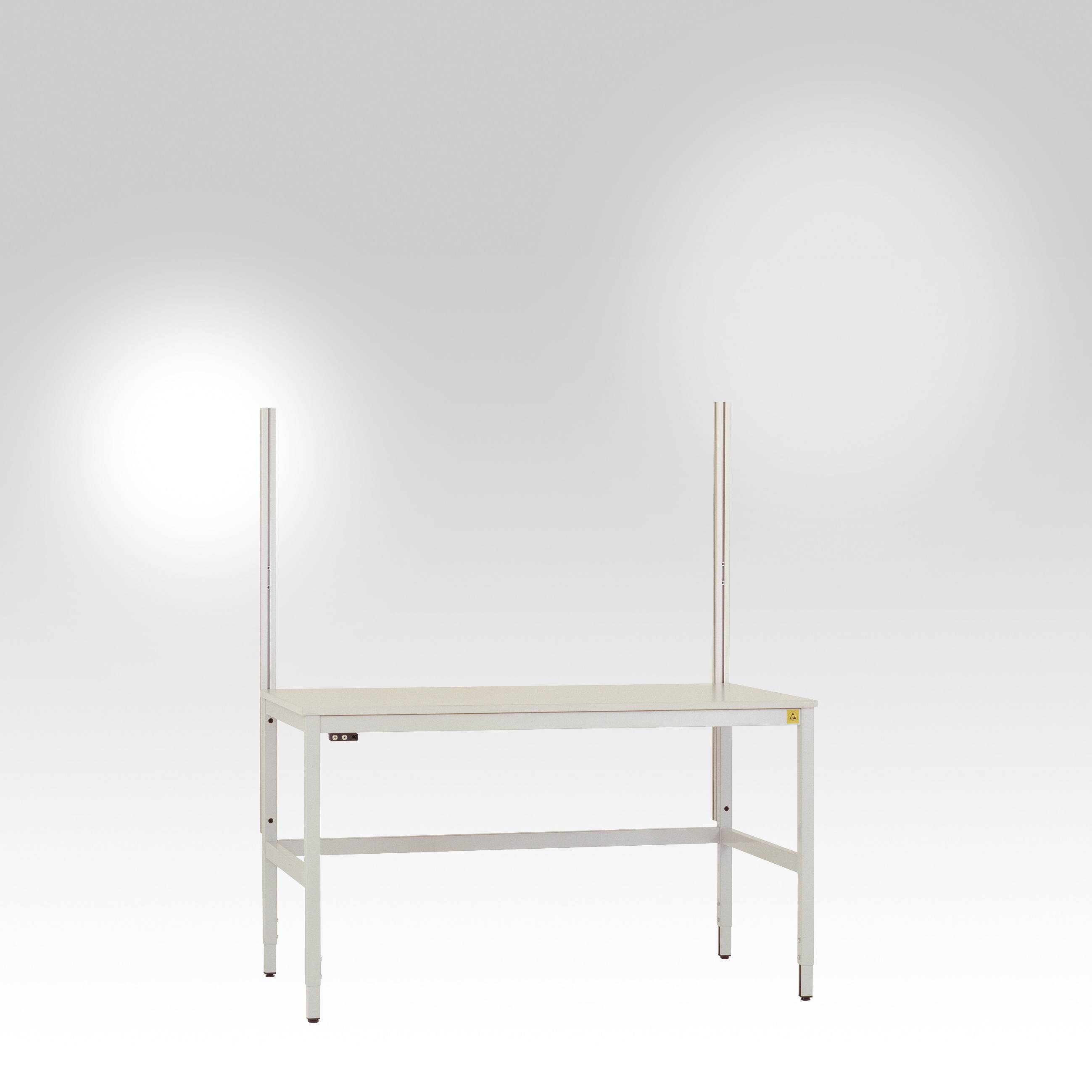 A simple, white table with two vertical poles at the back corners on an empty, grey background.