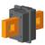 Illustration of a grey electric switch with two orange rectangular contacts pointing in opposite directions.