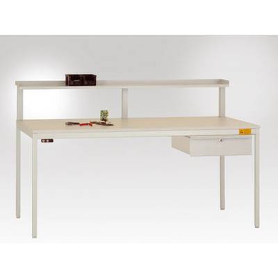 A simple, rectangular work table with a raised shelf at the back, a small drawer, and tools placed on top.