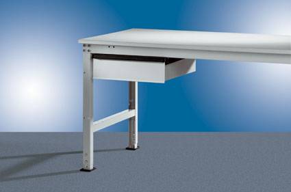 A white table with a retractable drawer, resting on grey carpet against a blue background.