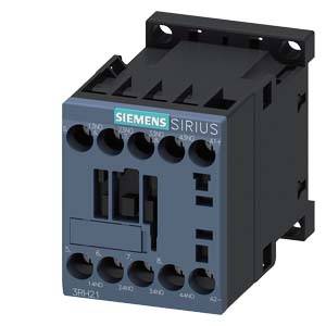 A Siemens SIRIUS contactor, model 3RH21, shows an electrical control component. Suitable for industrial applications.