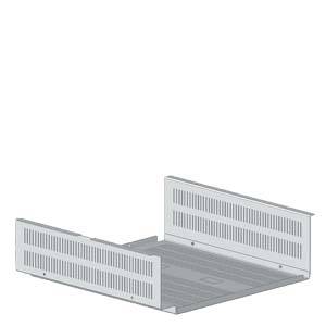A ventilated equipment shelf, suitable for mounting in a cabinet, with two side walls to support and ventilate devices.