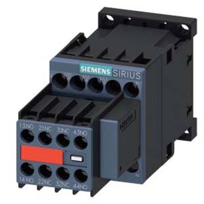 A black Siemens SIRIUS contactor with multiple connection terminals. It has a distinctive red element on the front.