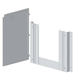 A grey metal angle is mounted next to a removable metal plate. Suitable for wall or floor fixings.