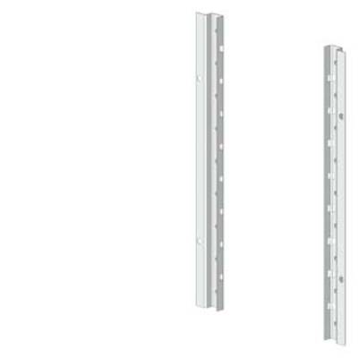 Two vertical aluminium profiles with holes that can be used for wall-mounting shelves.