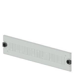A long, rectangular, metallic piece with vertical slots and black end connectors, possibly a ventilation grille.