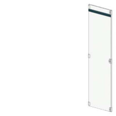 A white, rectangular door with a dark stripe at the top, mounted on hinges. Suitable for minimalist or modern interior designs.