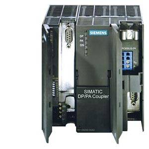 Industrial electronics device with an open front panel. Visible connections and label reading 'SIMATIC DP/PA Coupler' by Siemens.