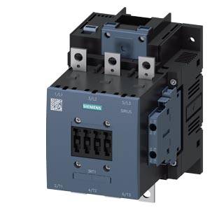 A Siemens electrical contactor in black and blue design, with metal contacts at the top; model numbers and brand logo visible.