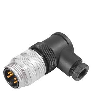 Right-angled plug connector with metal and plastic components, four plug contacts visible, suitable for industrial applications.