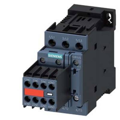An electrical Siemens contactor, Sirius 3RT model, in a black housing. It has multiple terminals for industrial applications.