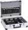 Open silver tool case with compartments and tool pouches in the lid for organised storage of tools.