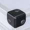 A black, square protective corner on the edge of a silver metal box frame.