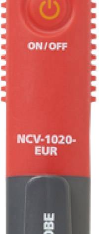 Red measuring device with 'ON/OFF' switch and label 'NCV-1020-EUR', used for voltage testing.