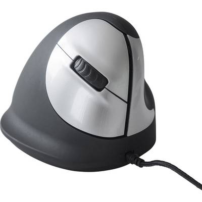 Ergonomic, wired, vertical computer mouse with grey and black design. Ideal for reducing wrist strain.