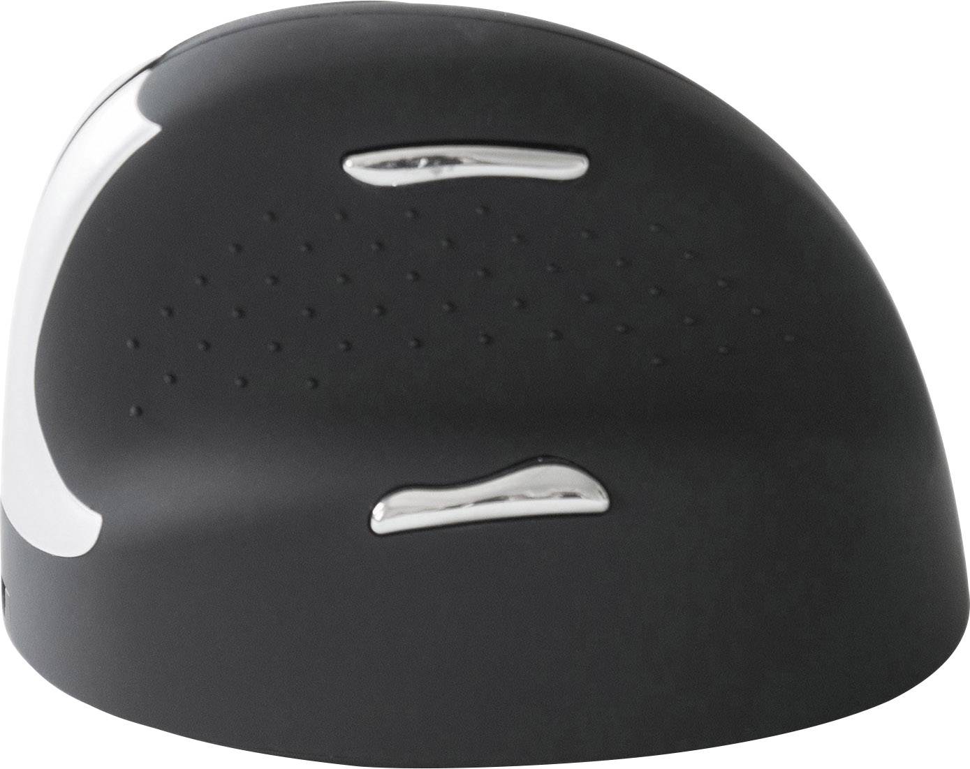 Ergonomic black computer mouse with silver buttons, perfect for reducing wrist strain during use.