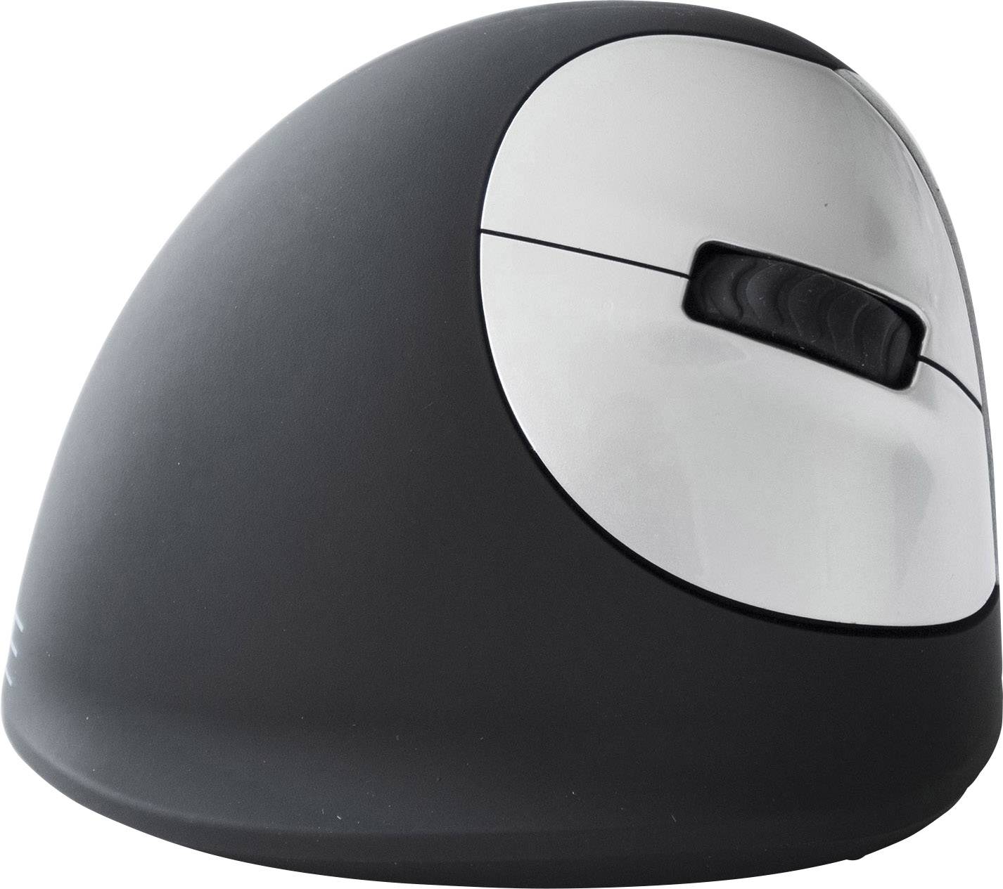 An ergonomic vertical computer mouse with grey and black design, optimised for comfortable hand positioning and wrist support.