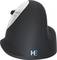 Vertical ergonomic mouse in black with glossy buttons and a blue logo on the side, optimised for comfortable handling.